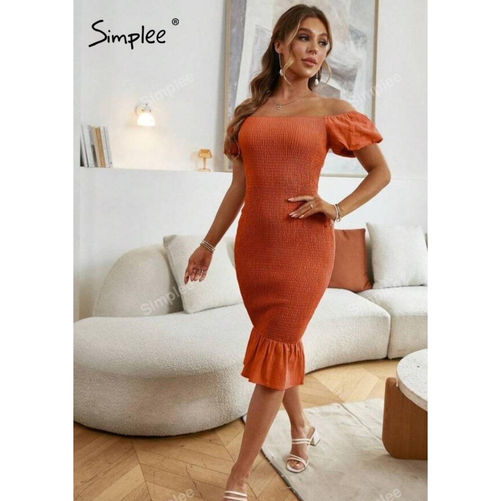 Simplee Off Shoulder Puff Sleeve Ruffle Hem Bodycon dress Dark Orange Size L